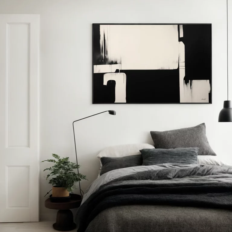 Minimalist bedroom featuring bold black and white abstract art above gray bedding