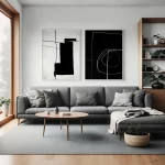 Minimalist gray living room with black and white abstract art above sectional sofa.