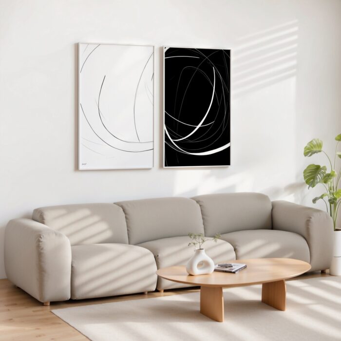 Minimalist black and white abstract art above gray sectional sofa in contemporary living room.