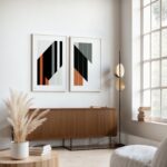Geometric abstract art above mid-century credenza in bright, minimalist living room.