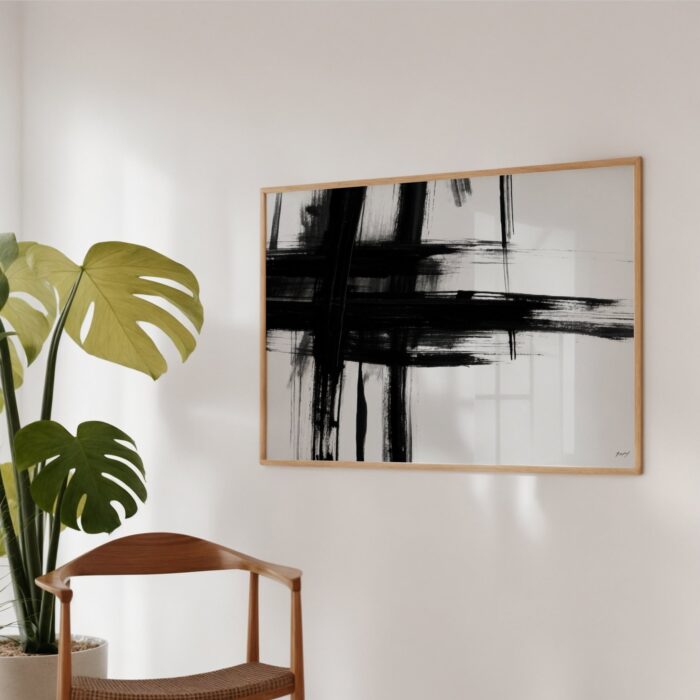 Bold abstract brushstroke artwork paired with monstera plant in minimalist interior setting.