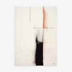 Minimalist abstract art with black brushstroke and coral accents on cream background.