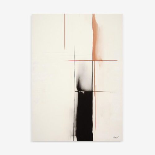 Minimalist abstract art with black brushstroke and coral accents on cream background.