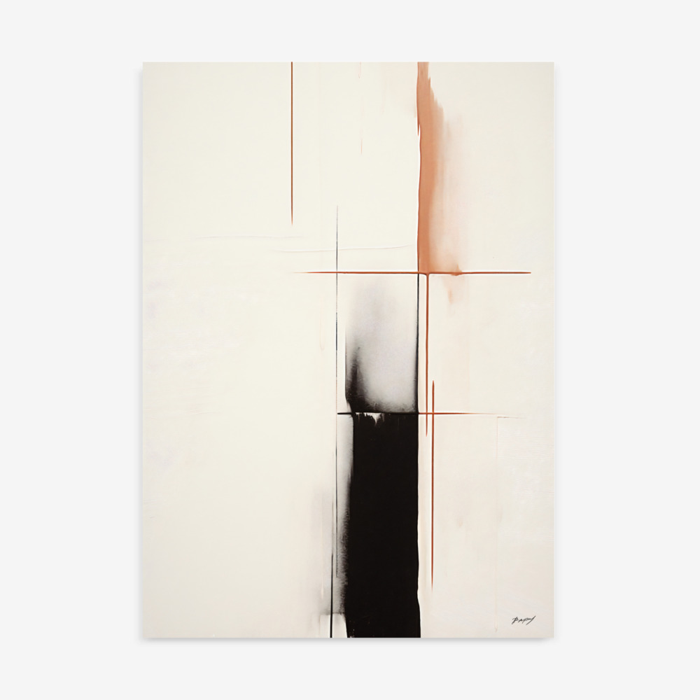 Minimalist abstract art with black brushstroke and coral accents on cream background.