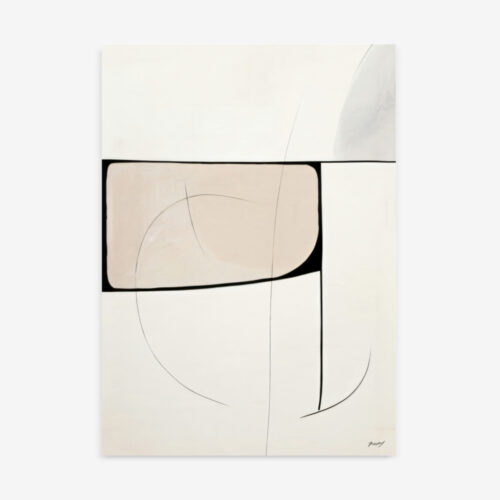 Minimalist abstract artwork with geometric curves and lines on cream background.
