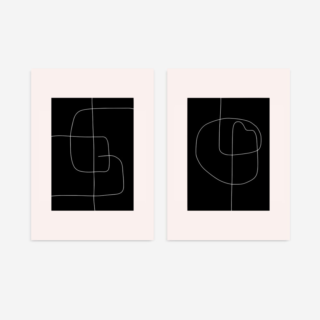 Minimalist black and white abstract line art prints with geometric and circular patterns