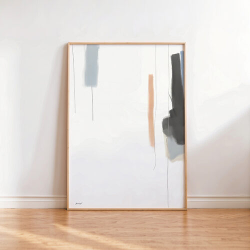 Minimalist abstract painting with subtle white and beige vertical brushstrokes in wooden frame.