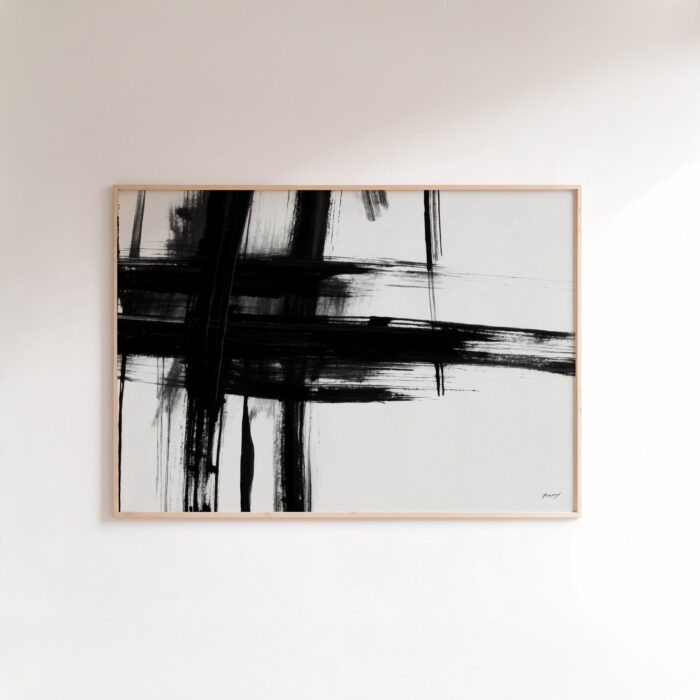 Abstract black and white brushstroke art with bold crosshatch pattern in wooden frame.