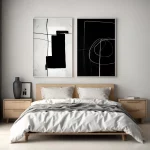 Modern bedroom with minimalist black and white art above wooden bed frame.