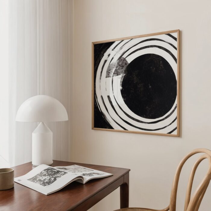 Minimalist black circle art print with spiral design in Scandinavian interior setting
