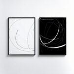 Minimalist abstract diptych with curved lines on contrasting black and white backgrounds.