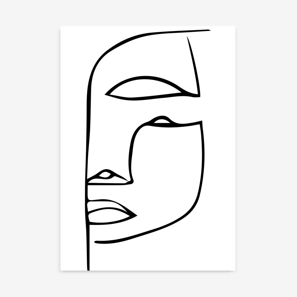 Minimalist face profile drawn with single continuous black line on white background.