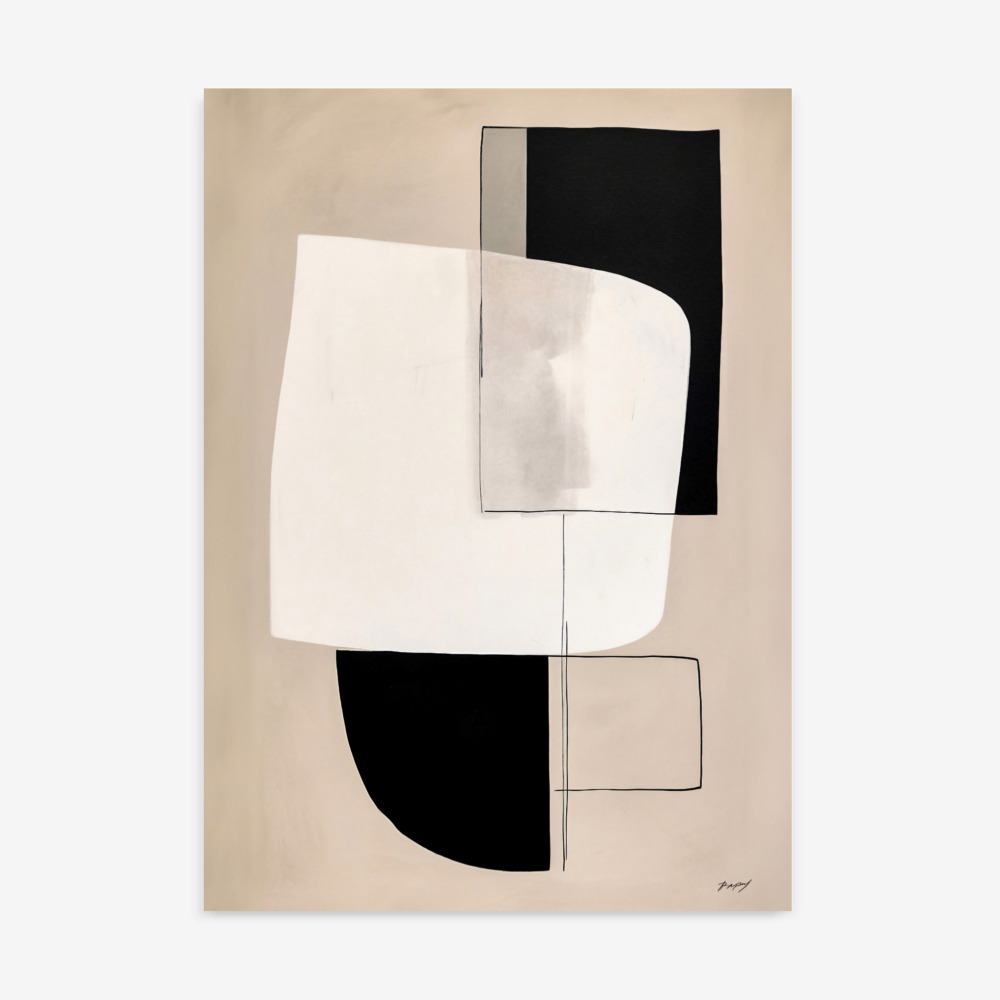 Abstract geometric composition of black and white shapes on beige background