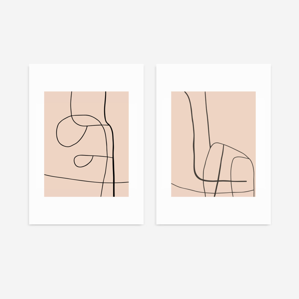 Minimalist black line art diptych on warm peachy backgrounds, contemporary abstract wall prints.