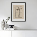 Black line drawing on beige background in minimalist Nordic interior setting.