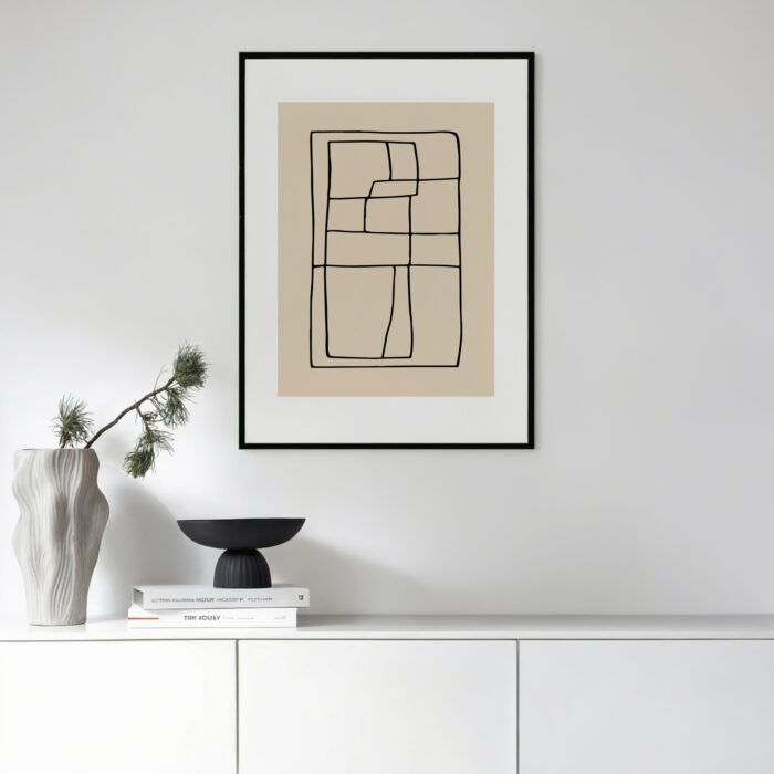 Black line drawing on beige background in minimalist Nordic interior setting.