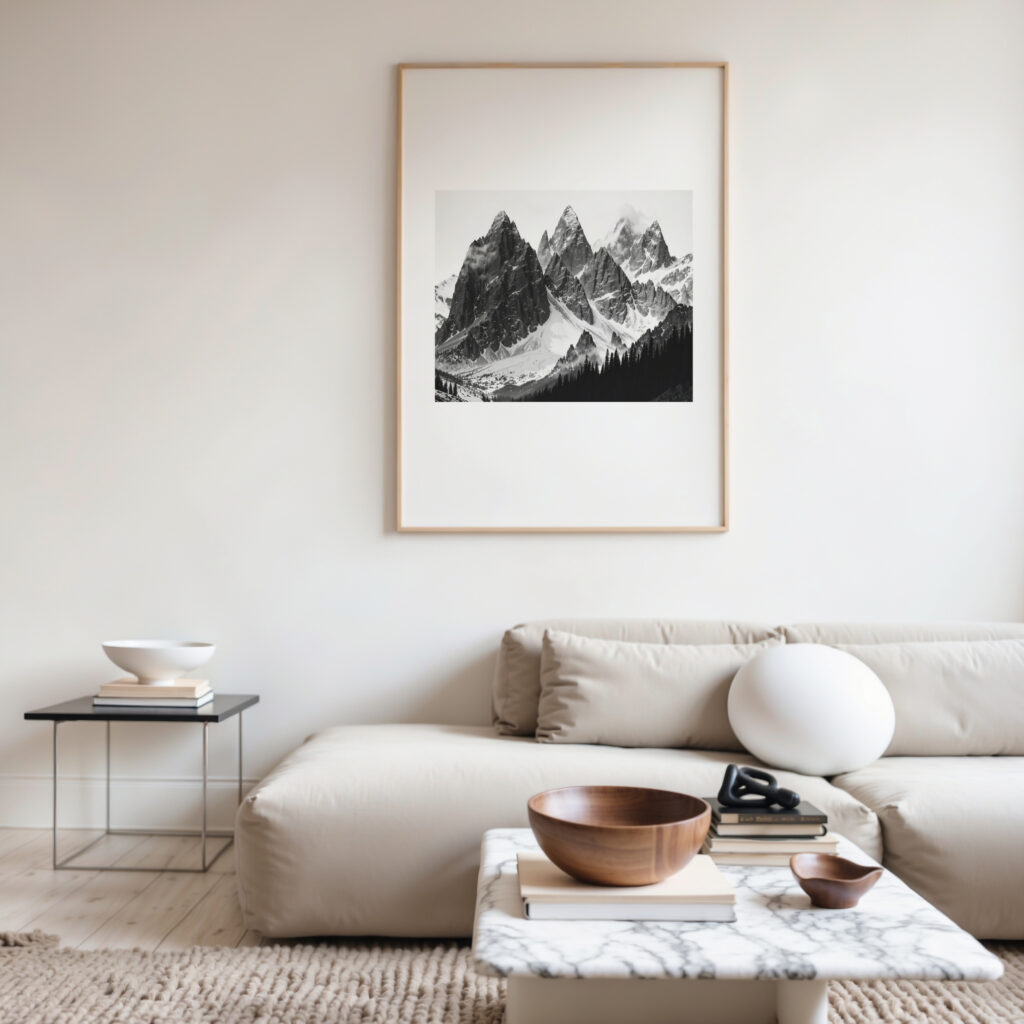 Black and white mountain photograph over cream sofa in minimalist Scandinavian living room