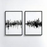 New York City skyline diptych in minimalist black and white with water reflection