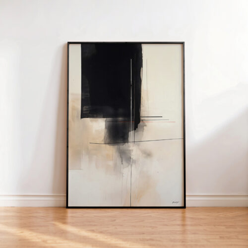 Modern minimalist abstract artwork with black and beige elements in sleek gallery setting.