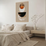 Modern minimalist bedroom with geometric abstract art featuring orange and black circles above bed.