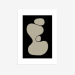 Elegant organic beige shapes flowing on stark black background, minimalist abstract art print.