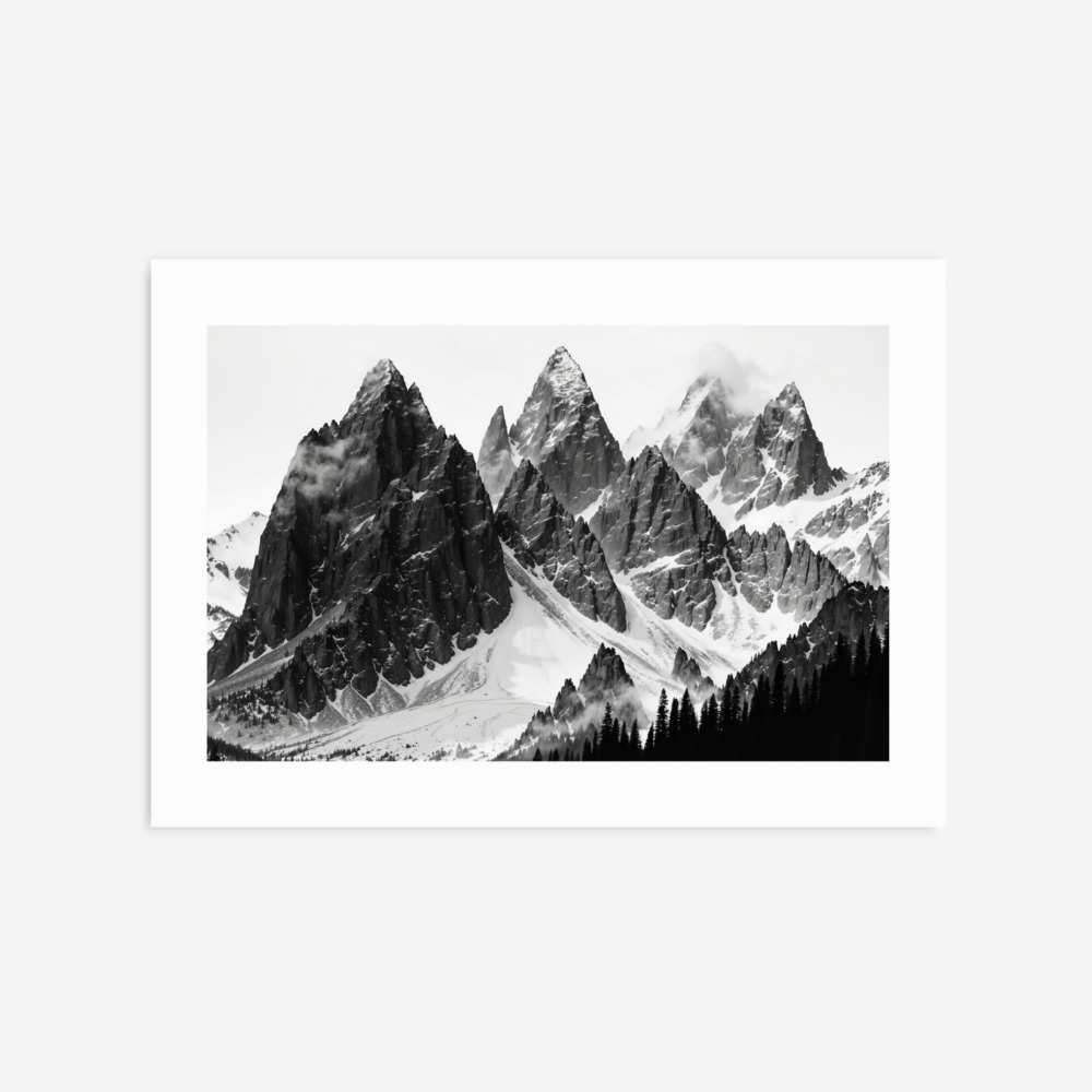 Dramatic mountain peaks in striking black and white, framed against gray background.