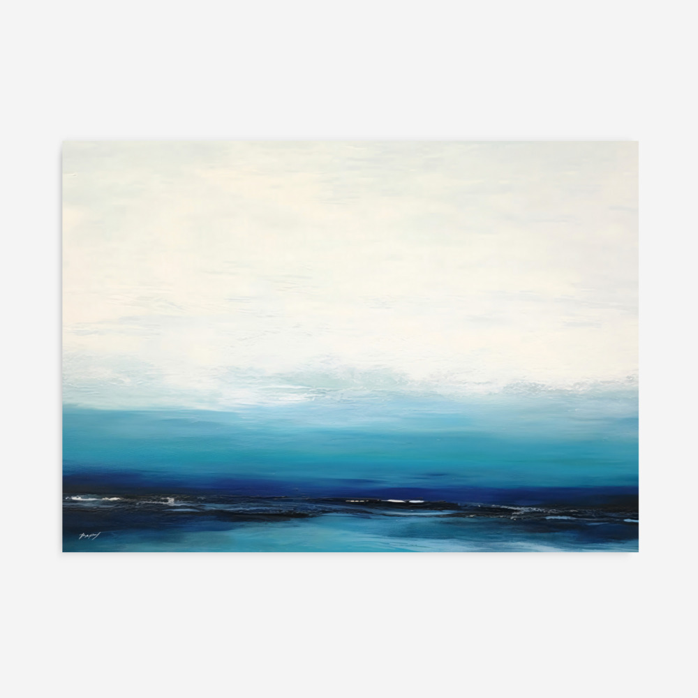 Abstract blue seascape with gradient waters and pale sky at dawn.
