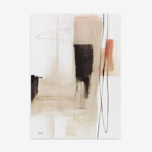 Abstract minimalist painting with black dripping form on beige background with terracotta accent