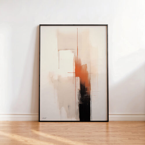 Abstract orange and black artwork leaning against white wall on wooden floor.