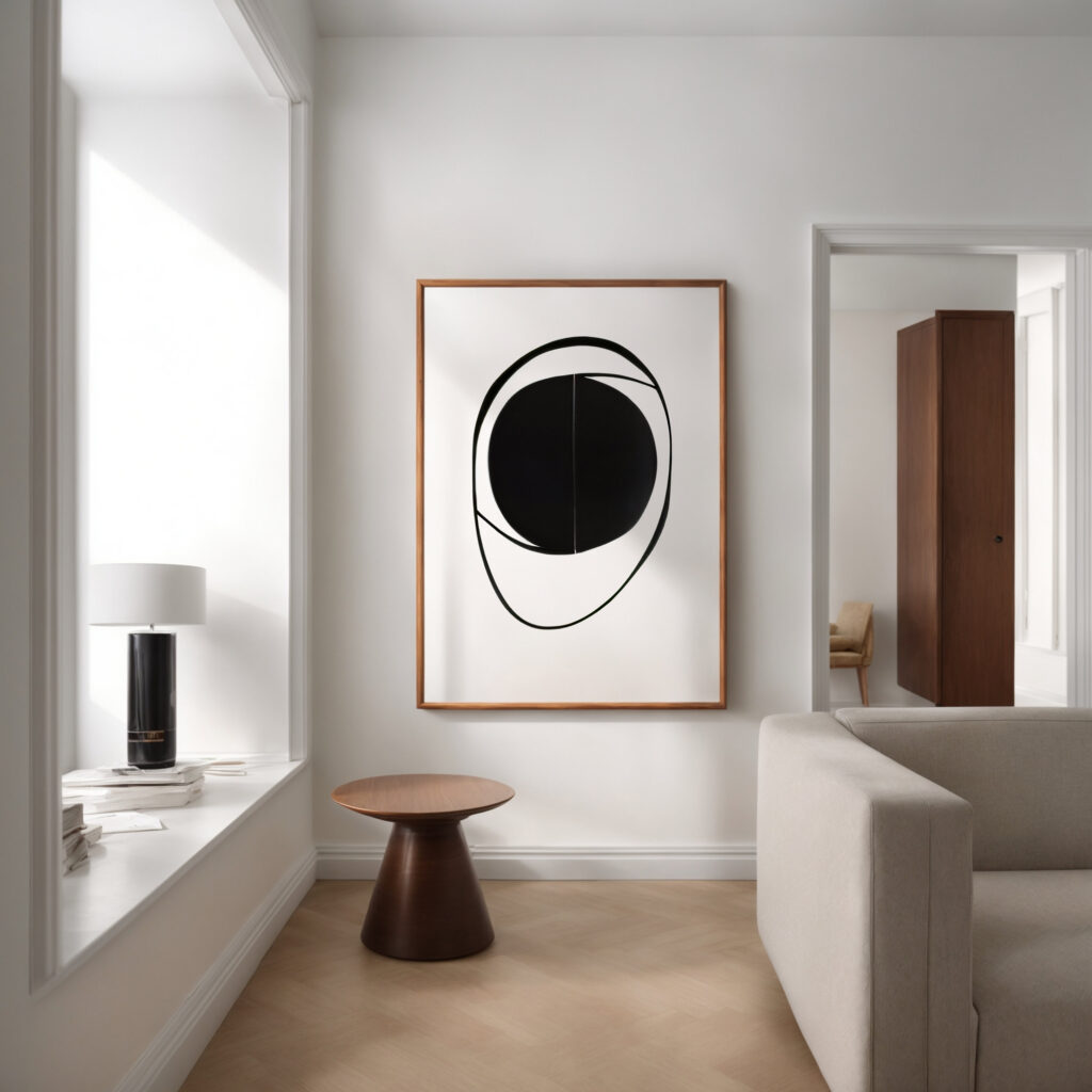 Minimalist Japanese abstract art with black circle and curved line in neutral interior setting.