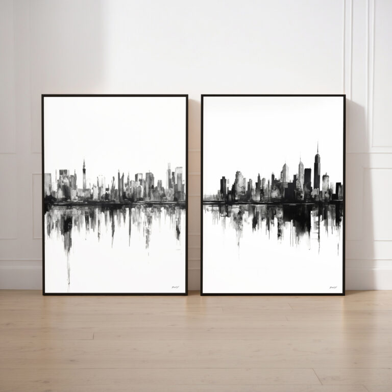 Two framed black and white NYC skyline prints with water reflections against white wall