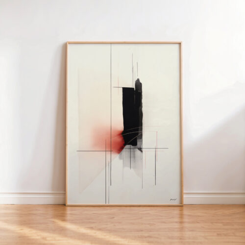 Minimalist abstract artwork with bold black stroke against geometric grid background.