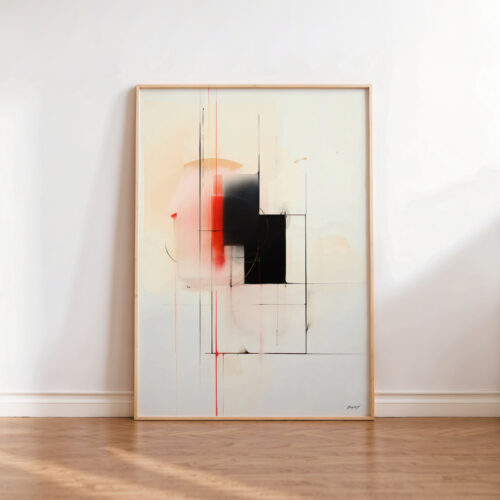 Abstract geometric artwork with peach tones and bold black shapes in minimalist setting