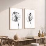 Elegant black and white botanical prints above wooden console table with neutral decor