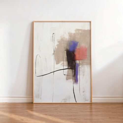 Minimalist abstract canvas with expressive brushstrokes on white background, natural wood frame.
