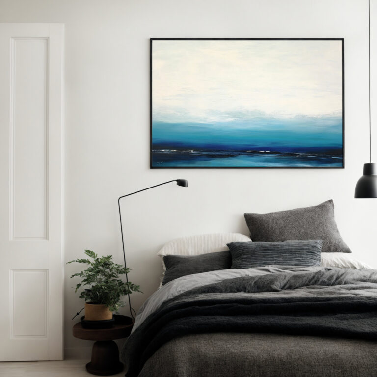 Blue abstract ocean horizon painting over bed in minimalist gray bedroom