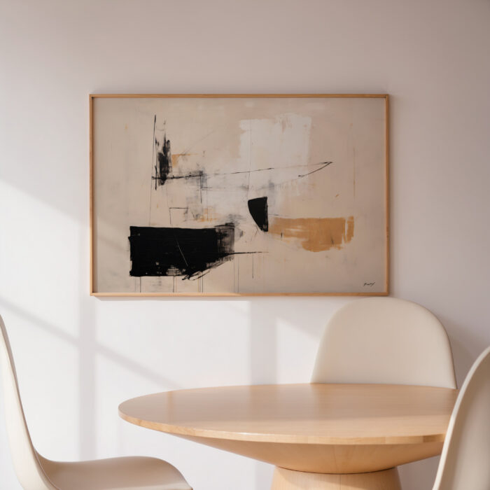 Abstract earth-tone artwork in black and tan displayed above minimalist dining table.