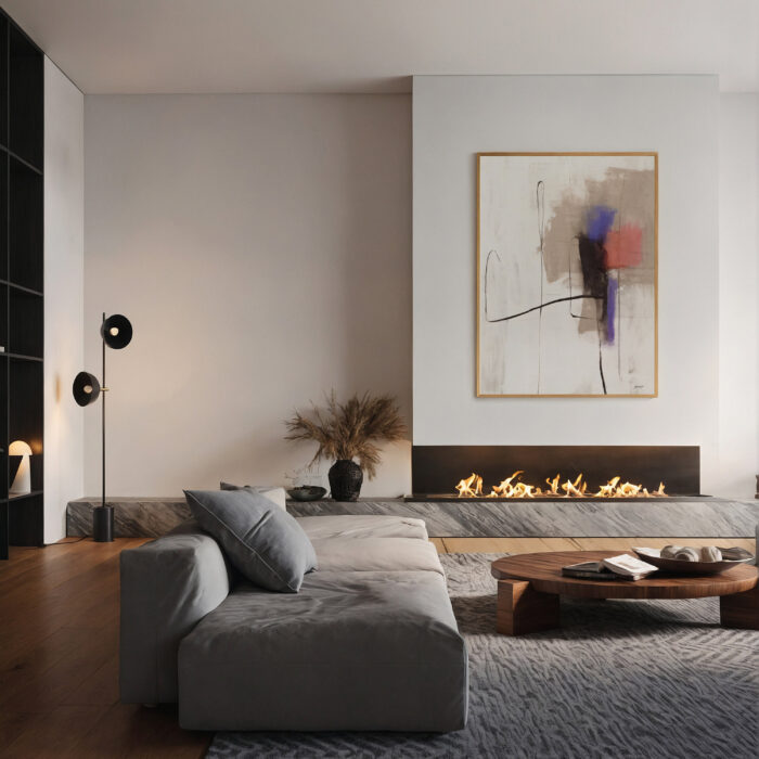Minimalist living room with neutral tones, sleek furniture and abstract wall art.