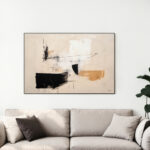 Large abstract canvas artwork in neutral tones above beige sofa in modern living room.