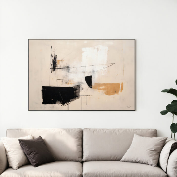 Large abstract canvas artwork in neutral tones above beige sofa in modern living room.