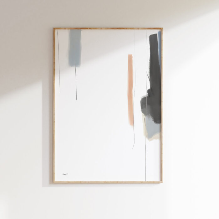 Abstract minimalist painting with flowing gray, black, and peach strokes on white canvas.