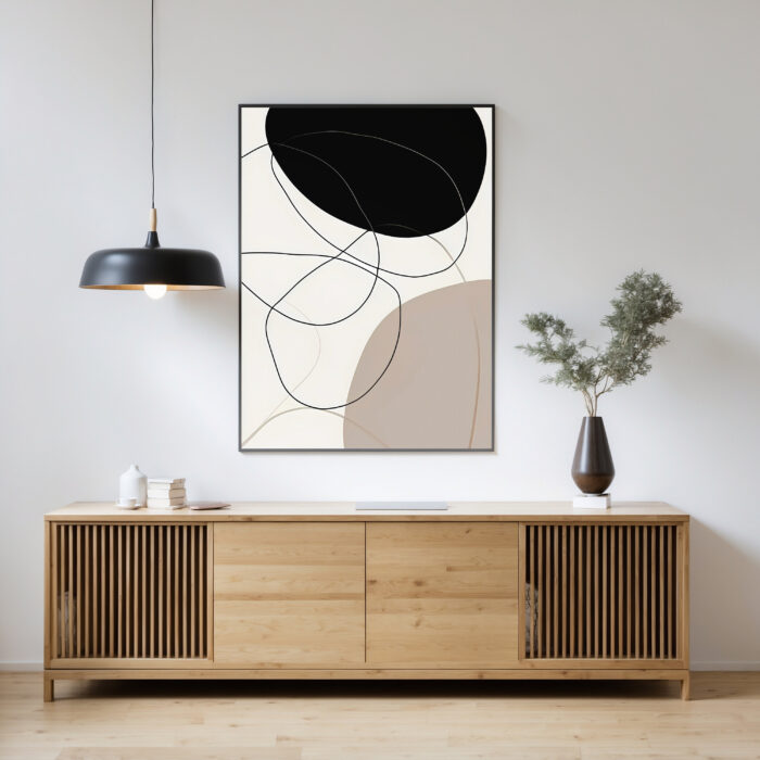 Abstract line art with circles above wooden credenza in minimalist neutral-toned interior