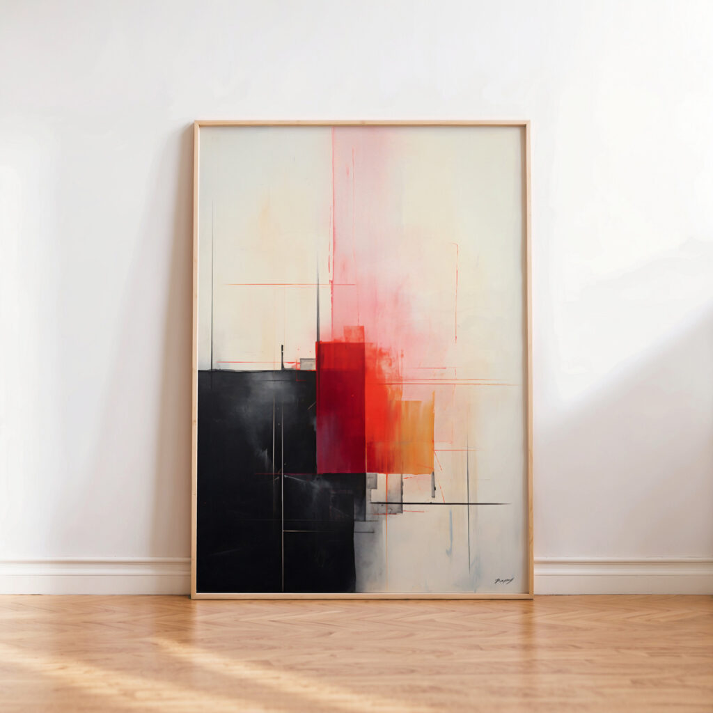 Abstract geometric artwork with fiery red-orange center contrasting against black on wooden floor.
