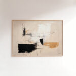 Minimalist abstract painting with black, white, and tan geometric shapes in wooden frame.