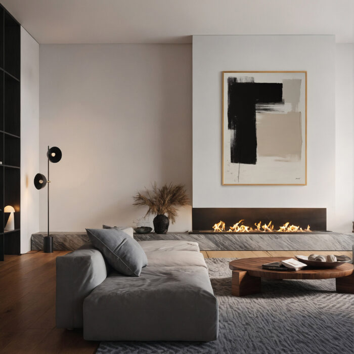 Minimalist living room with gray sectional sofa, gas fireplace and abstract black brushstroke art.