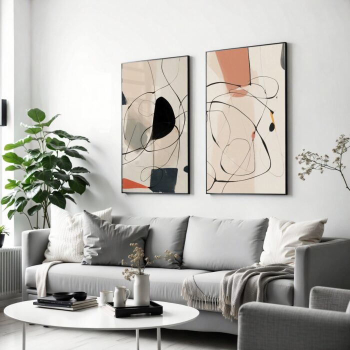 Abstract geometric wall art in modern minimalist living room with neutral decor.