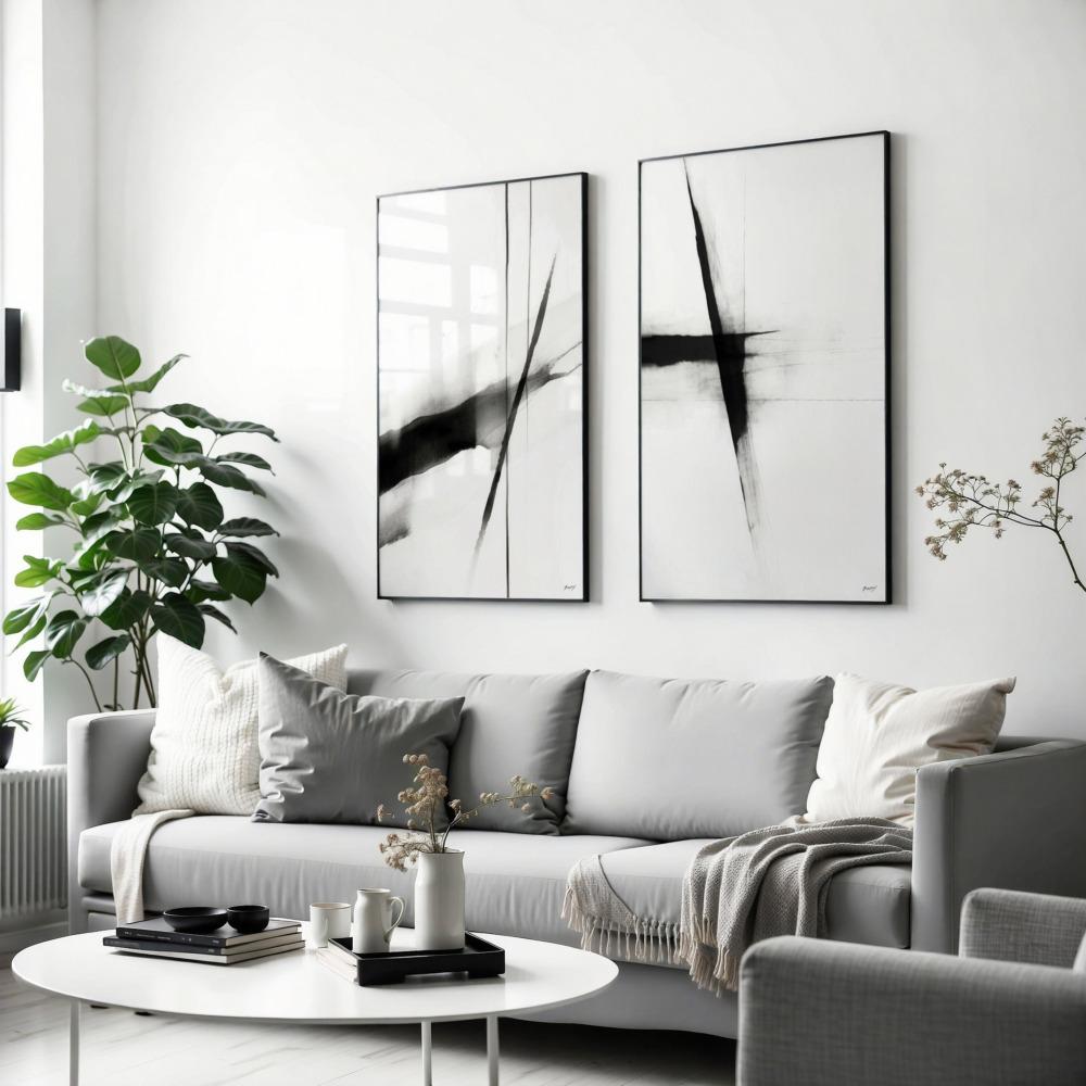 Minimalist living room with black and white abstract art and gray furniture