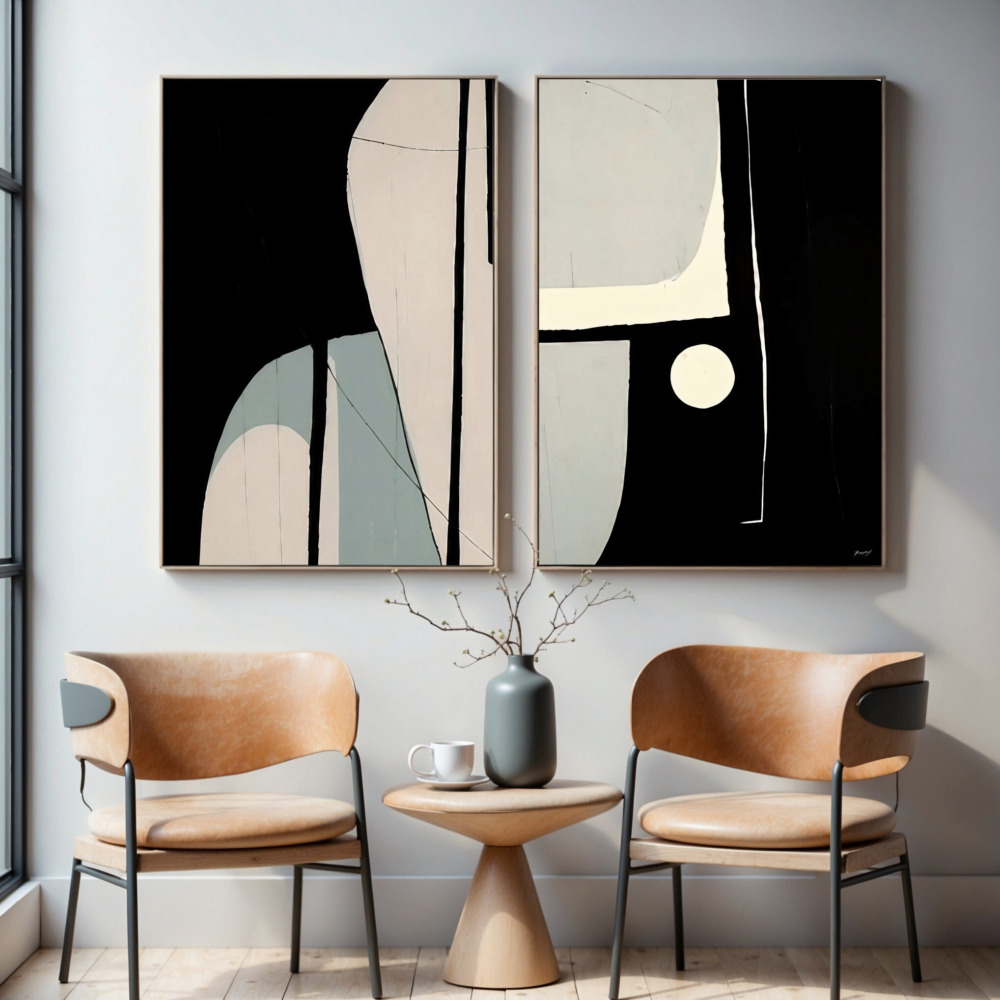 Minimalist abstract painting with curved geometric forms above mid-century chairs and accent table.