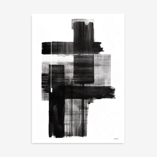 Bold black brushstrokes intersect in a minimalist abstract cross pattern against white.