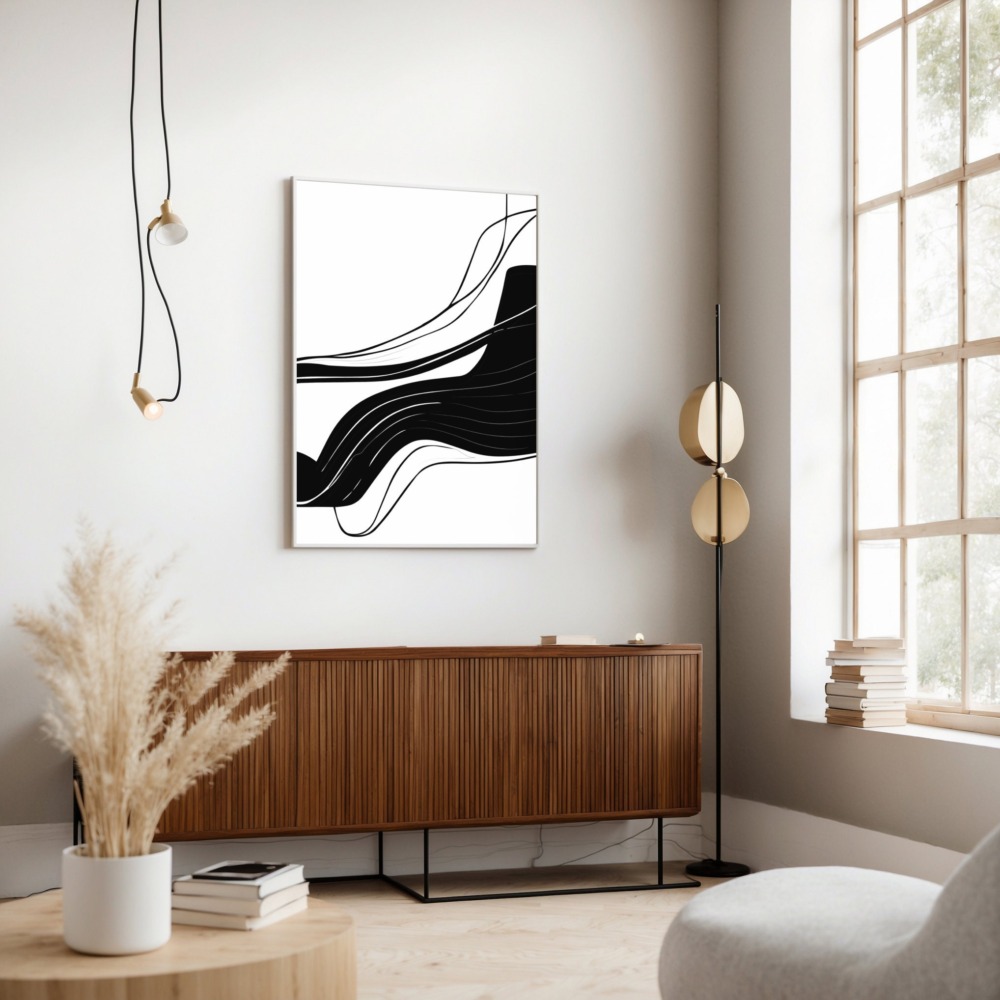 Bold black abstract artwork above wooden mid-century credenza in bright modern interior.